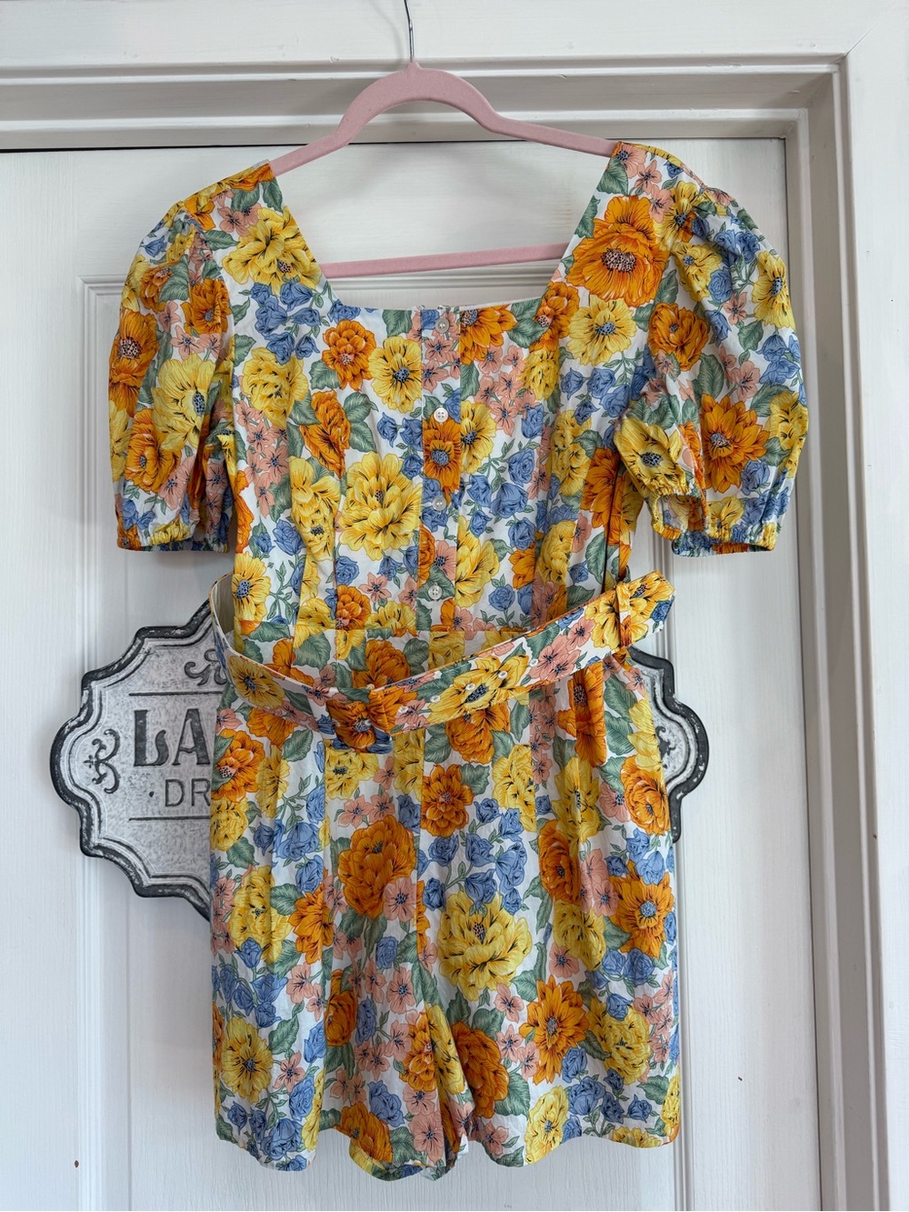 Ivy City Co Floral Puff Sleeve Romper in Yellow, Blue & Peach